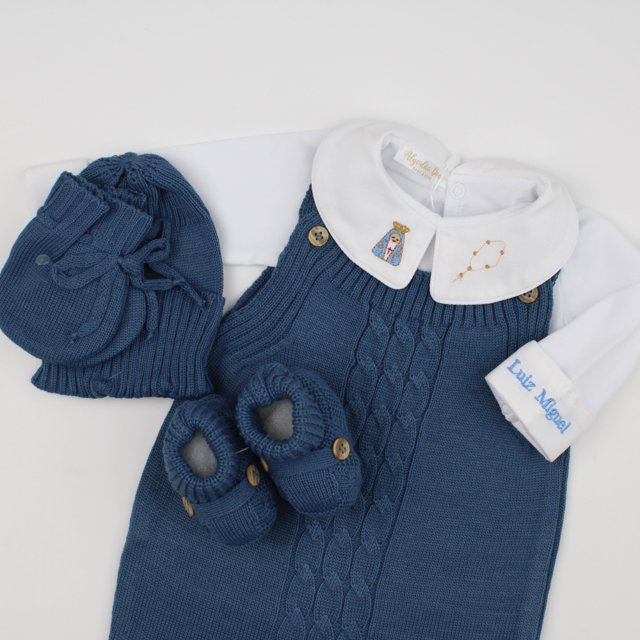 Saída De Maternidade Masculina Bebê Tricô Azul Jeans