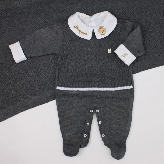 Saída De Maternidade Masculina Bebê Tricô Grafite