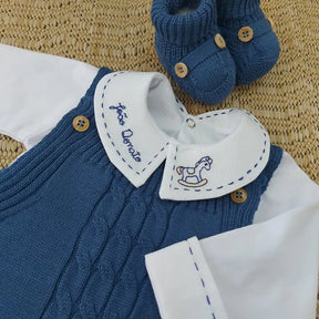 Saída De Maternidade Masculina Bebê Tricô Caio 7 Peças - ACOMPANHA BODY PERSONALIZADO À MÃO                                                                        Azul Jeans