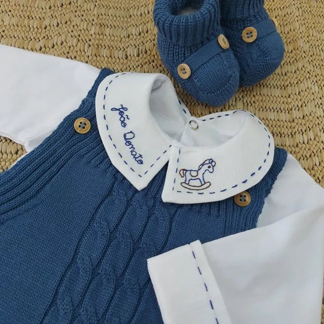 Saída De Maternidade Masculina Bebê Tricô Caio 7 Peças - ACOMPANHA BODY PERSONALIZADO À MÃO                                                                        Azul Jeans