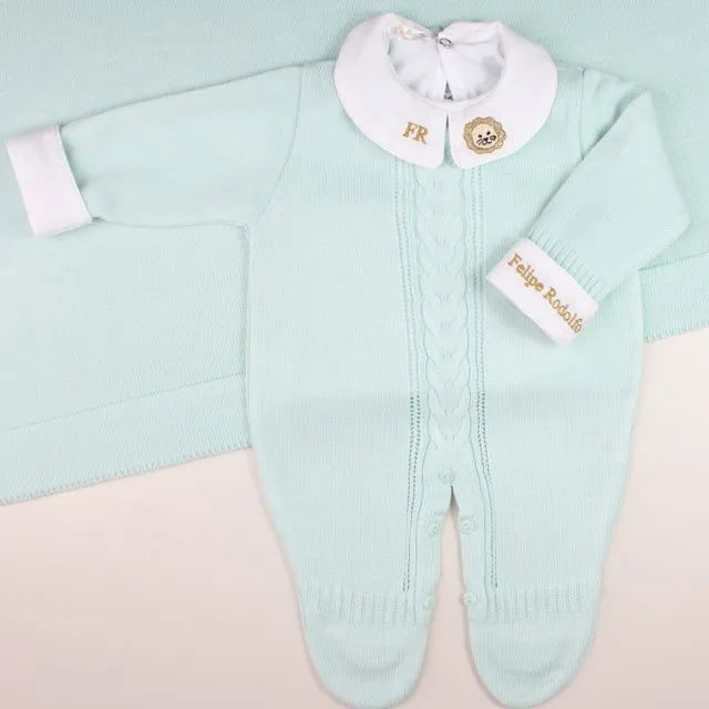 Saída De Maternidade Masculina Bebê Tricô Verde Água